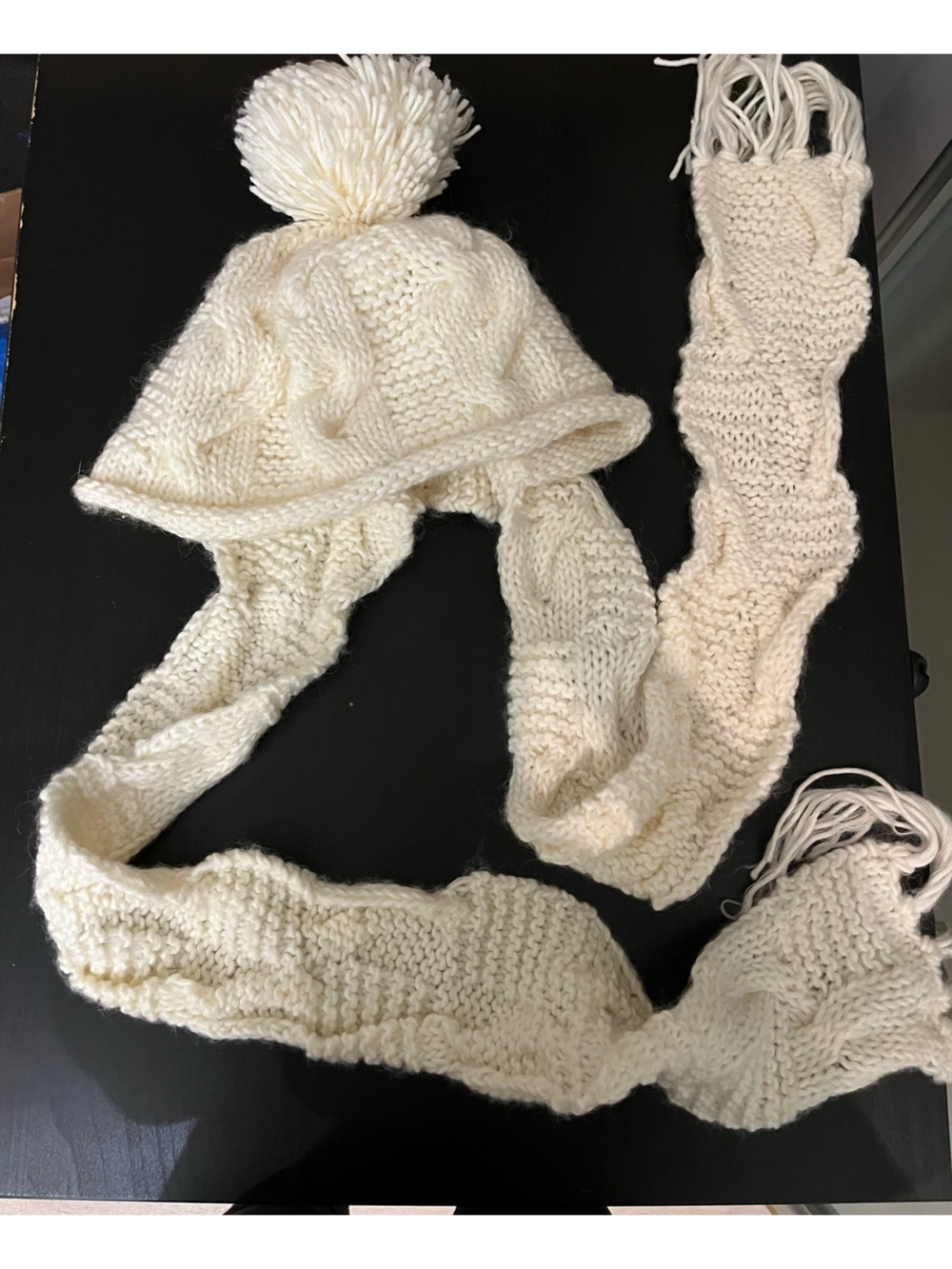 Knit Pom-Pom Earflap Hat with Matching Scarf - Cream